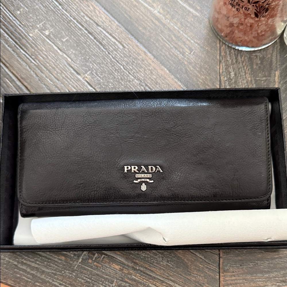 Prada Black Leather Clutch with Silver Logo